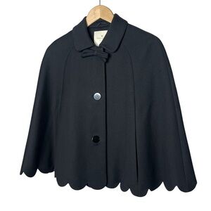 Kate Spade Black Wool Blend Bow Scalloped Hem Cape Capelet Size XS
